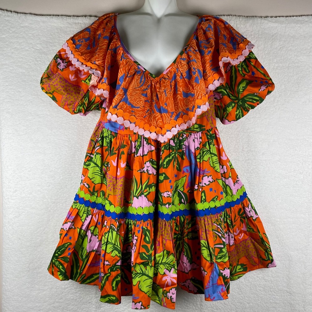Alden Adair Harper Dress Jungle Cruise Orange Tropical Animal Print Mini L 13004